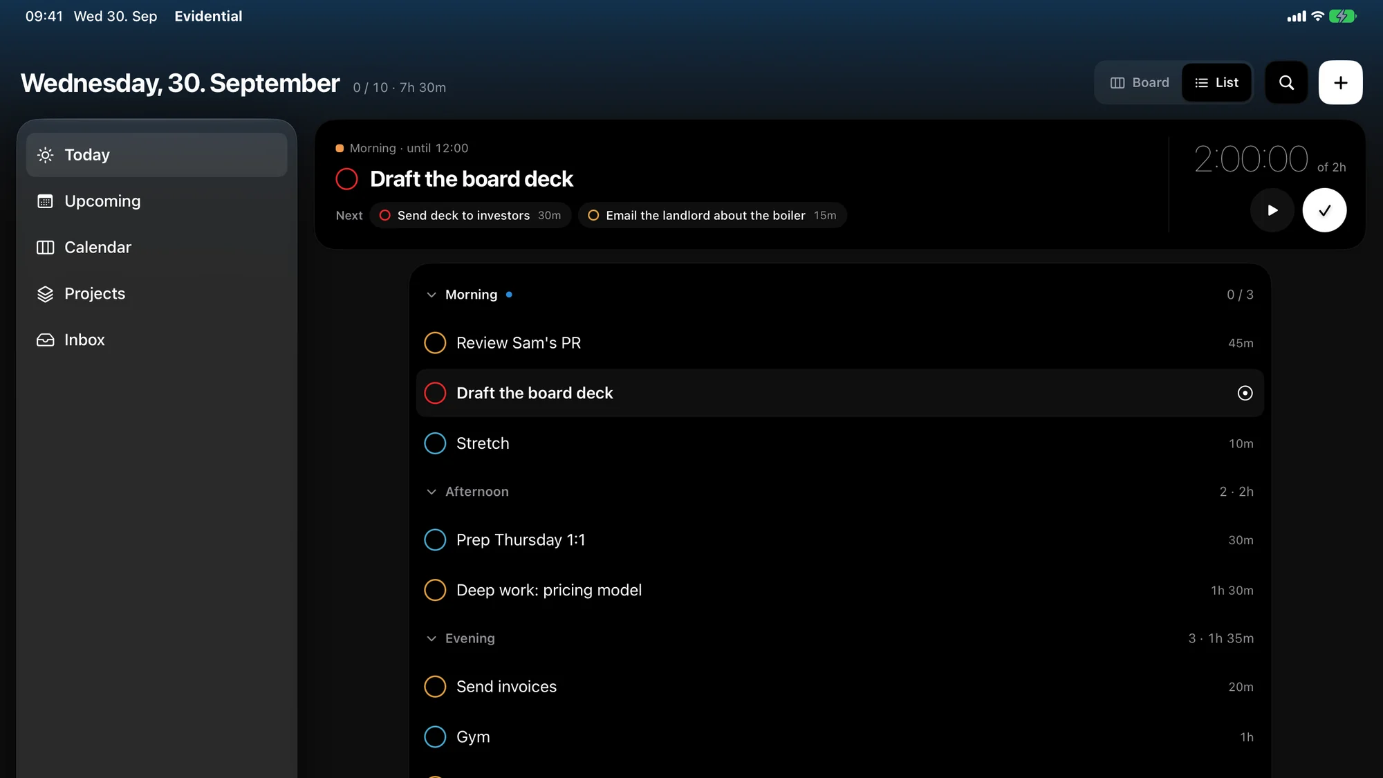 Evidential on iPad in dark mode: today's one thing with a timer, what's next, and the whole day in parts.