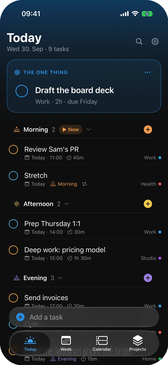Evidential on iPhone in dark mode: the one thing, then the day in parts.