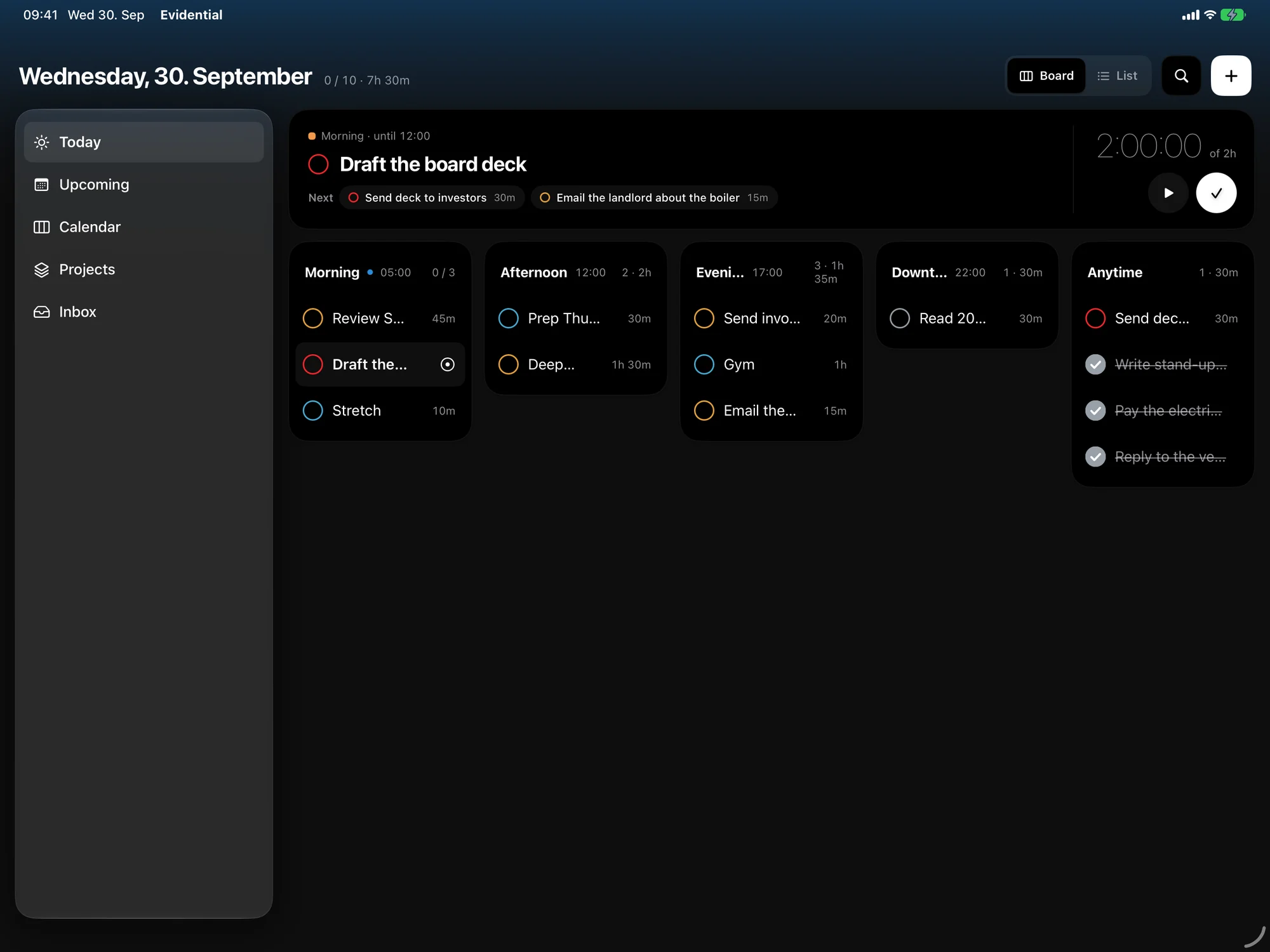 Evidential on iPad in dark mode: Today as a board.
